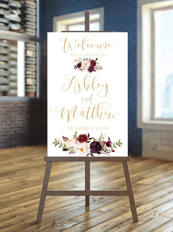 Printable Wedding Sign, Marsala Welcome Wedding Sign, Burgundy Wedding Sign, Boho wedding Sign, Gold Wedding Sign, Rustic Wedding Sign Carry Il_570xn