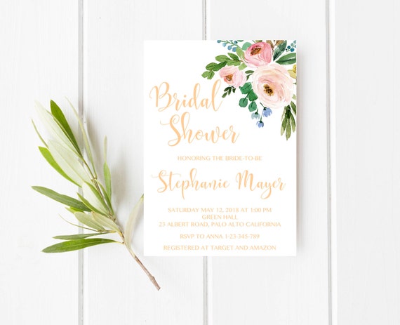 Blush and gold bridal shower invitation, Boho bridal shower invitation, Rustic bridal shower, Chic bridal shower, Gold and blush invitation Il_570xn