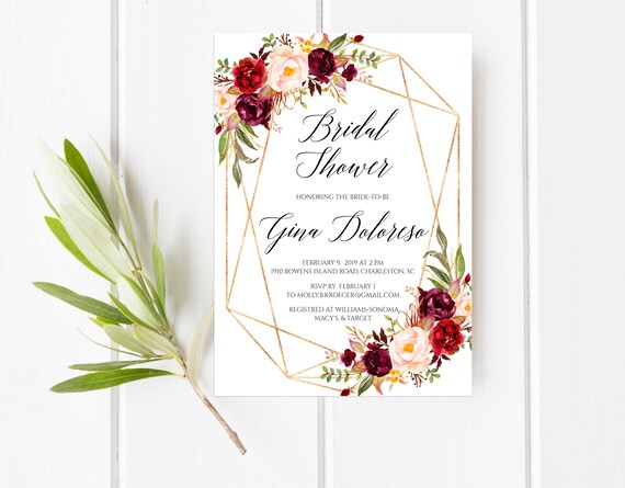 Marsala bridal shower invitation, Fall bridal shower, Geometrical bridal shower invitation, Gold bridal shower invite Burgundy bridal shower Il_570xn