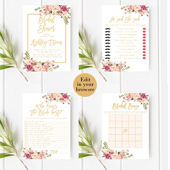 Editable Floral Bridal Shower Set, Bridal Shower games set, Bundle Bridal Shower games, Summer Bridal Shower Activities, Games package Pink Il_570xn