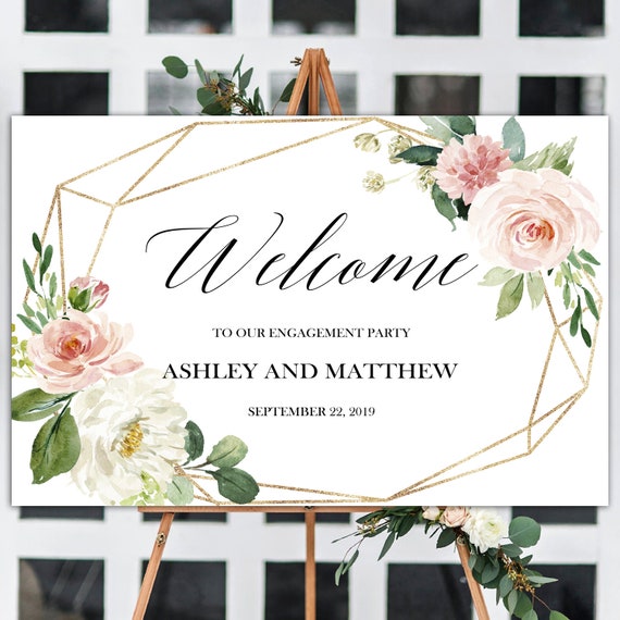 Welcome Engagement Sign, Blush Engagement Party Sign, Garden welcome sign, Personalized welcome signs, Gold and Pink welcome sign, Floral Il_570xn