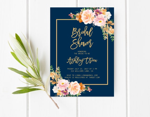 Navy and orange bridal shower invitation, Orange bridal shower invitation, Navy and blush bridal shower, Shower invitation, Blush invitation Il_570xn