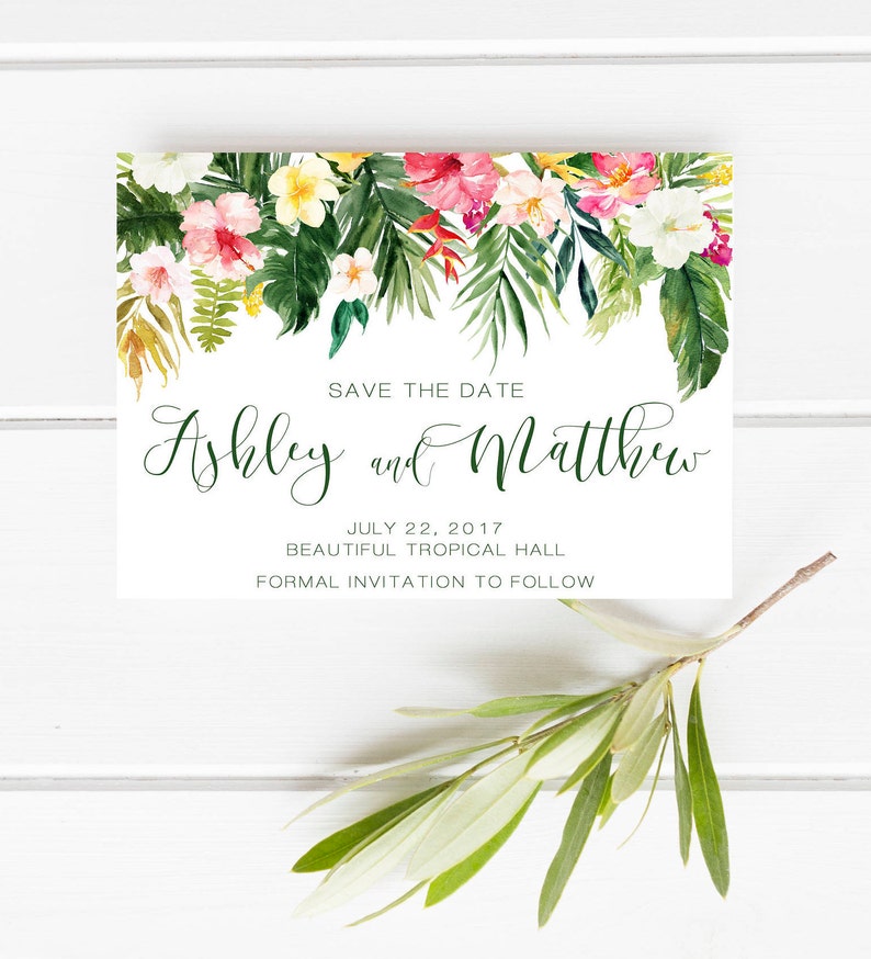 Printable Save the date Tropical Save the date Green Floral save the date Beach wedding Hawaii save the date Palm leaves save the date