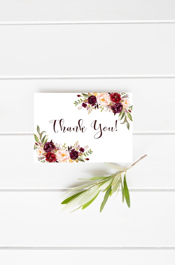 Printable thank you card, Marsala thank you card, Burgundy thank you card, Floral thank you card, Bridal shower card, Red thank you card Il_570xn