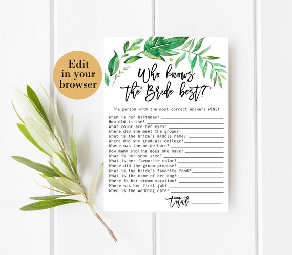 Who Knows the Bride Best Editable Greenery Bridal Shower Game Bridal Shower Printables Bridal Shower Know The Bride Quiz Know the bride game Il_570xn