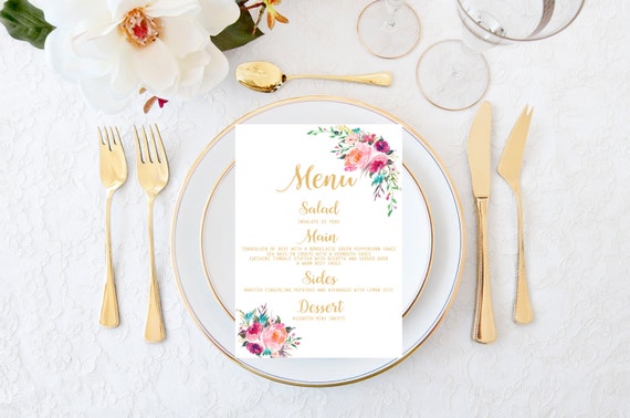 Printable wedding menu, Wedding menu, Floral wedding menu, Gold wedding menu, Bohemian wedding menu, Gold and coral menu, Elegant menu Laura Il_570xn