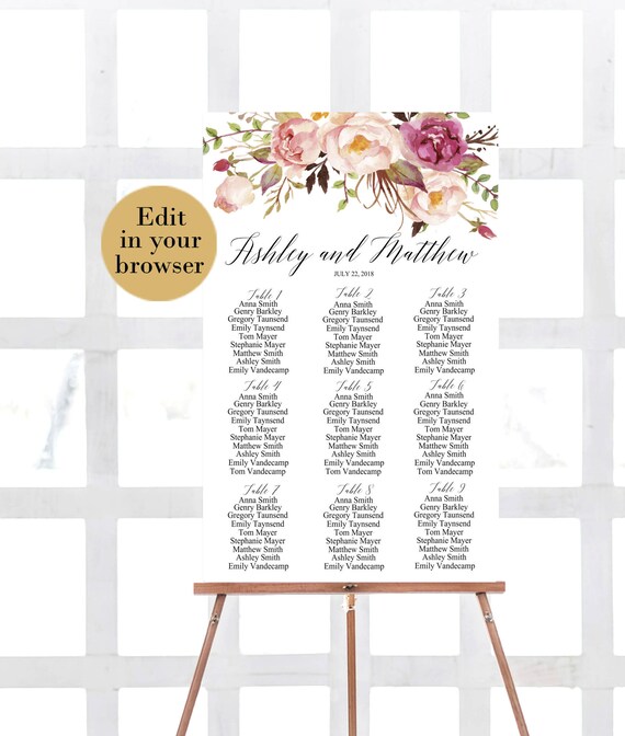 Wedding seating chart template, Editable PDF, Floral Printable seating chart, Editable seating chart, Find Your Seat Seating Chart, Blush Il_570xn