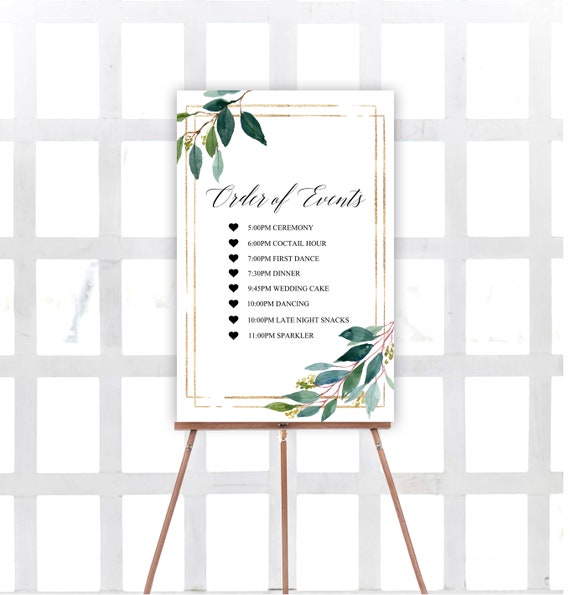 Greenery Order of events sign, Modern Order of events sign, Timeline wedding sign, Botanical reception sign, Green and gold timeline sign Il_570xn