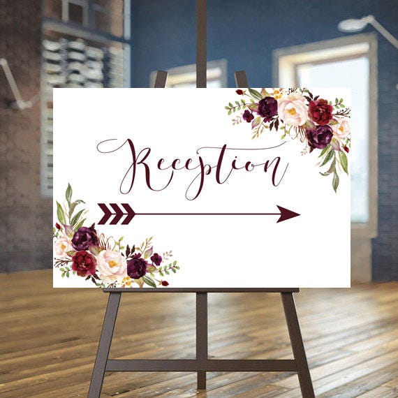 Printable Wedding Reception sign, Floral Directional sign, Marsala Reception sign, Burgundy Directional sign, Boho wedding, Arrow sign Carry Il_570xn