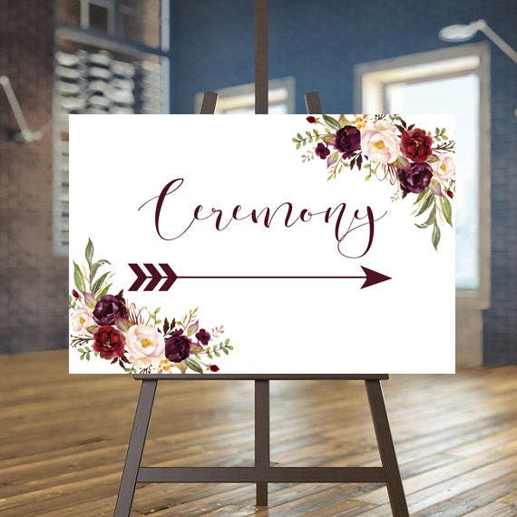 Marsala Wedding Ceremony sign, Printable sign, Floral Directional sign, Burgundy Reception sign, Arrow sign, Autumn wedding decor, Carry Il_570xn