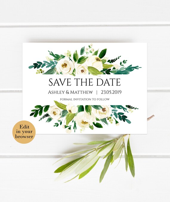 Editable Save the date, White Flowers Save the date, Winter Save the date Floral Save the date Wedding Announcement Botanical Save The Date Il_570xn