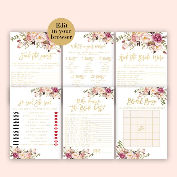 Bridal Shower Games, Bridal Shower Games Bundle, Blush Bloom Pink Gold, Editable Bridal Shower Games, Package Set Bundle, Shower Activities Il_570xn