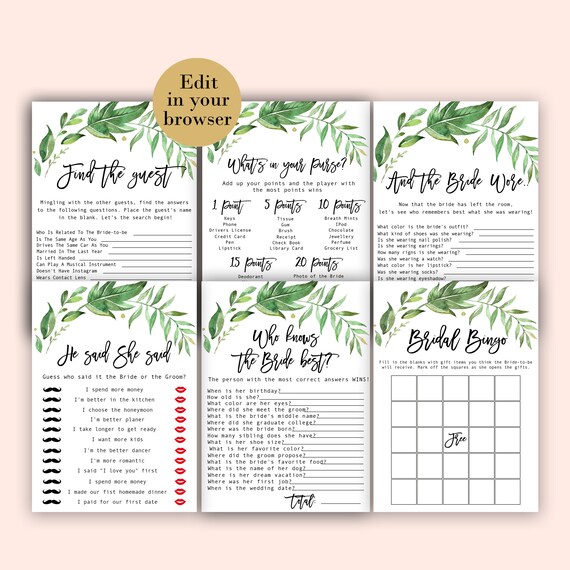 Bridal Shower Games, Greenery Bridal Shower Games Bundle, Editable Bridal Shower Games, Package Set Bundle, Shower Activities, Green Shower Il_570xn