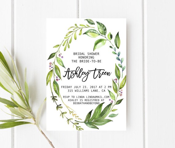 Greenery bridal shower invitation, Garden bridal shower, Botanical invitation, Green leaves bridal party invite, Nature wedding, Watercolor Il_570xn