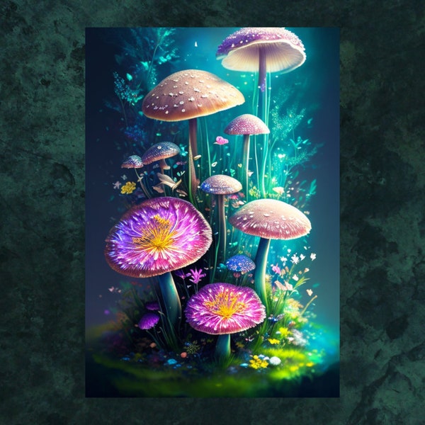 Glowing Dreamy Mushrooms Printable Wall Art, Instant Digital Download, Digital Download Poster, Digital Art, Downloadable Fantasy Art