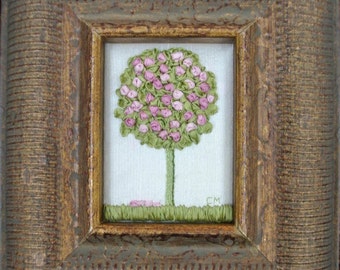 Ribbon Art Hand Embroidered Silk Ribbon Rose Topiary Tree Gilded Frame - Item H046