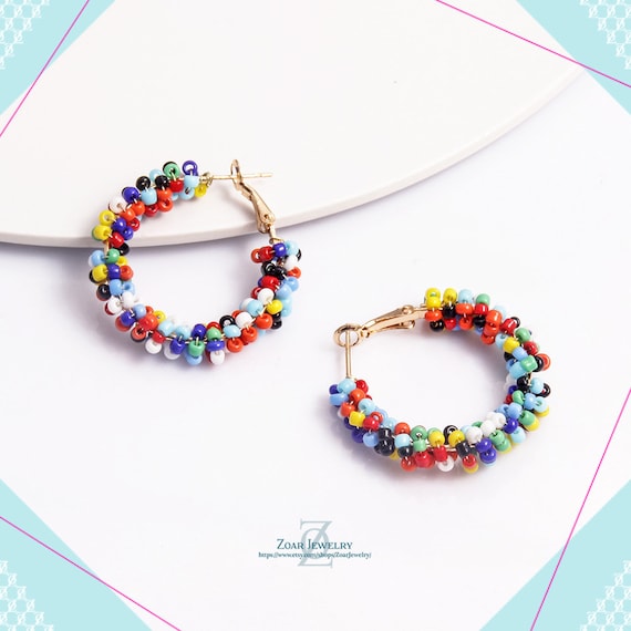 Multicolor beaded hoop earrings, Beads Hoop Earrings, Hoop Earring, Drop Earrings, Dangle and drop, Everyday