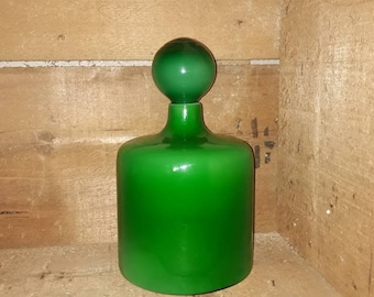 Bottle Carafe with Stopper Glass Green Overlay