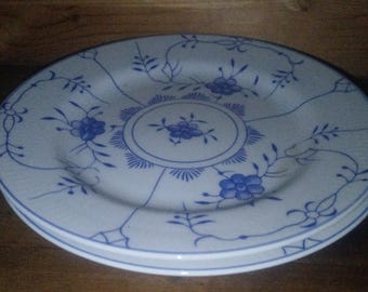 May include: A stack of white ceramic plates with a blue floral design. The plates have a delicate pattern of flowers, leaves, and vines. The plates are stacked on top of each other.