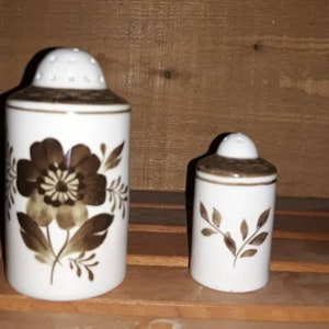 Könnte beinhalten: Zwei Keramik-Salz- und Pfefferstreuer mit braunen Blumendesigns. Der größere Streuer hat ein größeres Blumendesign und der kleinere Streuer hat ein kleineres Blattmuster.