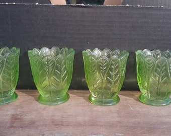 Set of 4x vase cups glass green 1920s art deco uranium glass Vaseline glass