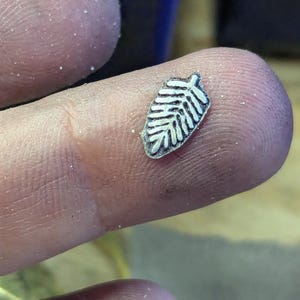 May include: A small, silver leaf charm with detailed veining. The charm is held between fingers, showcasing its delicate design. The leaf's surface reflects light, highlighting its texture and shape. This charm is likely for jewelry making or crafting.