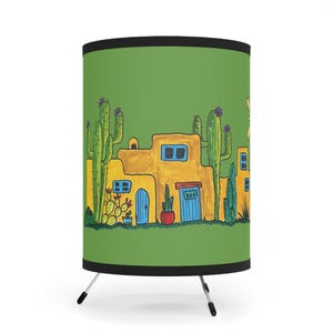 Green adobe and cactus tripod lamp printed with my own original doodle art - fun and cute decor for yor home - bulb not included