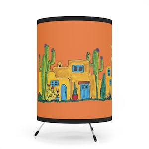 Orange table lamp with my original adobe and cactus drawing printed on it