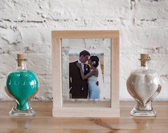 Real Wooden Romantic Unity Wedding Sand Ceremony Photo Frame Set - Wedding Gift - Personalized Sand Ceremony Frame - Colored Sand + Vases