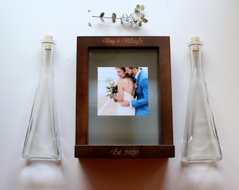 Personalized Solid Wood Sand Ceremony Picture Frame | Wedding Sand Kit | Colored Sand + Pyramid Pouring Vases | Modern Design | Plastic Free