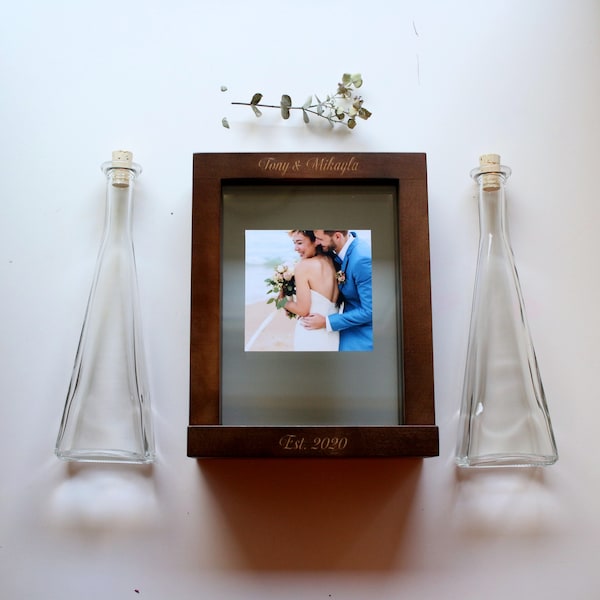 Personalized Solid Wood Sand Ceremony Picture Frame | Wedding Sand Kit | Colored Sand + Pyramid Pouring Vases | Modern Design | Plastic Free