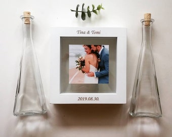 Romantic Wooden Unity Wedding Sand Ceremony Photo Frame Set, Various Colors + Pyramid Shaped Vessels + Colored Sand + Personalization Option