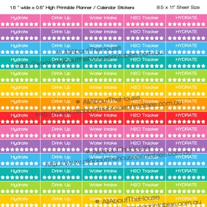 Hydrate Printable Calendar Planner Stickers Water Intake Tracker Stars 1.5W x 0.5H Rainbow 2015 Planner made for Erin Condren ECLP Ol087 image 1