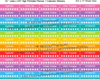 Hydrate Printable Calendar Planner Stickers Water Intake Tracker Stars 1.5"W x 0.5"H Rainbow 2015 Planner  made for Erin Condren ECLP Ol087