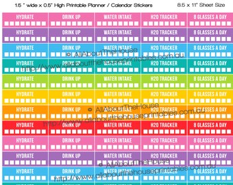 Hydrate Printable Calendar Planner Stickers Water Intake Tracker 1.5" wide x 0.5" Rainbow 2017 Planner  made for Erin Condren ECLP ect OL090