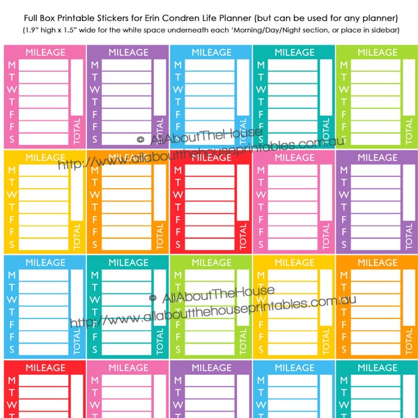 Mileage Stickers Sidebar Weekly daily tracking Planner Printable calendar business direct sales sized for Erin Condren or happy planner