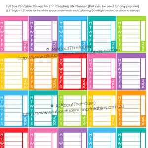 Puede incluir: Pegatinas imprimibles para planificador en varios colores, incluyendo amarillo, morado y verde. Cada pegatina presenta un diseño semanal con secciones para cada día, etiquetadas con los días de la semana. Las pegatinas miden 4,8 cm de alto y 3,8 cm de ancho.