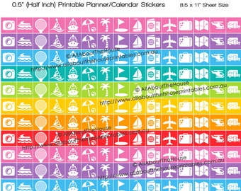 Travel Planner Stickers Printable Rainbow icons vacation holiday cruise suitcase camera passport train camping erin condren plum paper HIS19