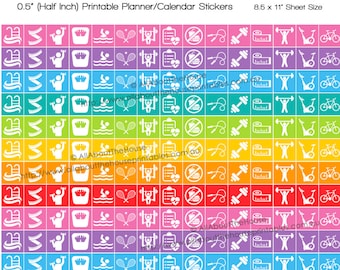 Health fitness gym Planner Stickers Printable Calender Stickers 1/2 inch Square Rainbow exercise run lifestyle training routine HIS066