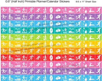 Health fitness gym Planner Stickers Printable Calender Stickers 1/2 inch Square Rainbow exercise run lifestyle training routine HIS065