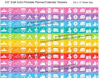 Travel Planner Stickers Printable Rainbow icons vacation holiday cruise suitcase camera passport train camping happy planner mambi HIS18