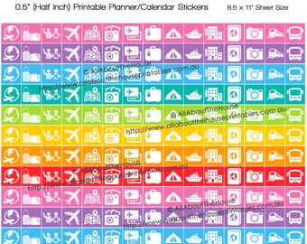 Travel Planner Stickers Printable Rainbow icons vacation holiday cruise suitcase camera passport train camping erin condren plum paper HIS17