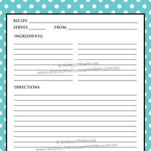 EDITABLE recipe card recipe sheet Printable Editable PDF polka dot blue instant download Recipe Binder kitchen organization recipe card
