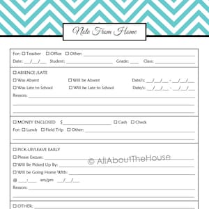 May include: A printable note from home form for parents to send to their child's teacher. The form includes sections for absence, late arrival, pick-up/leave early, money enclosed, and other notes. The form also includes space for the parent's name, contact information, and signature.
