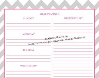 EDITABLE Meal Planner Grocery List Weekly Meal Planner Menu Planning Printable Editable PDF chevron pink grey instant download Recipe Binder