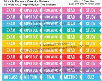 School planner flags printable college planner stickers, exam, mid-term, paper due, final, reading, study, homework, rainbow, instant LTF008