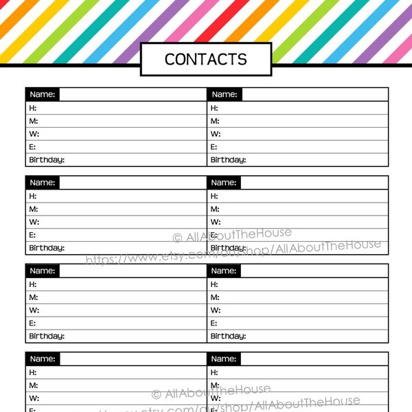 Contacts Printable Rainbow Stripe PDF Editable fillable Household Binder Planner 2014 2015 day Planner Agenda Add On address book letter