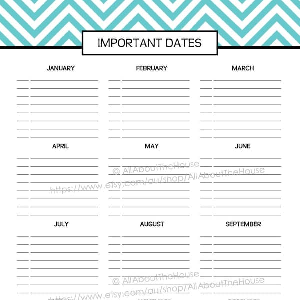 Important Dates Printable Special Planner 2014 2015 day planner daily planner Agenda Rainbow PDF Editable Household Binder 8.5 x11" letter