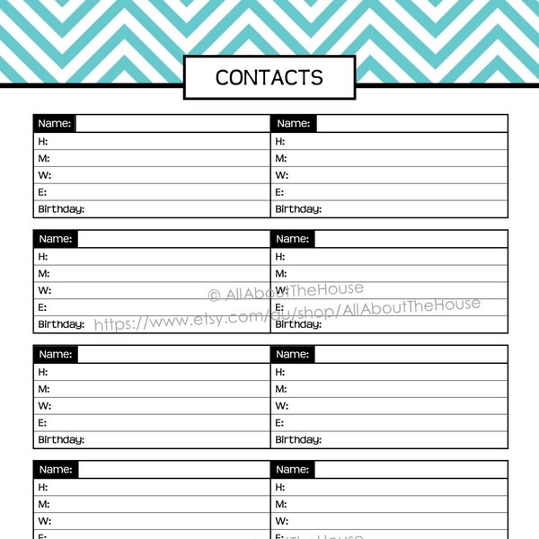 Contacts Printable chevron blue PDF Editable fillable Household Binder Planner 2014 2015 day Planner Agenda Add On address book letter
