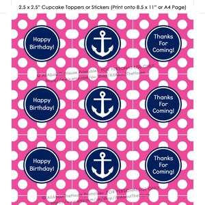 Cupcake topper, fiesta imprimible, náutico, gracias, etiqueta de colgar, pegatina, etiqueta, chica, cumpleaños, marino, rosa, ancla, diy, descarga instantánea
